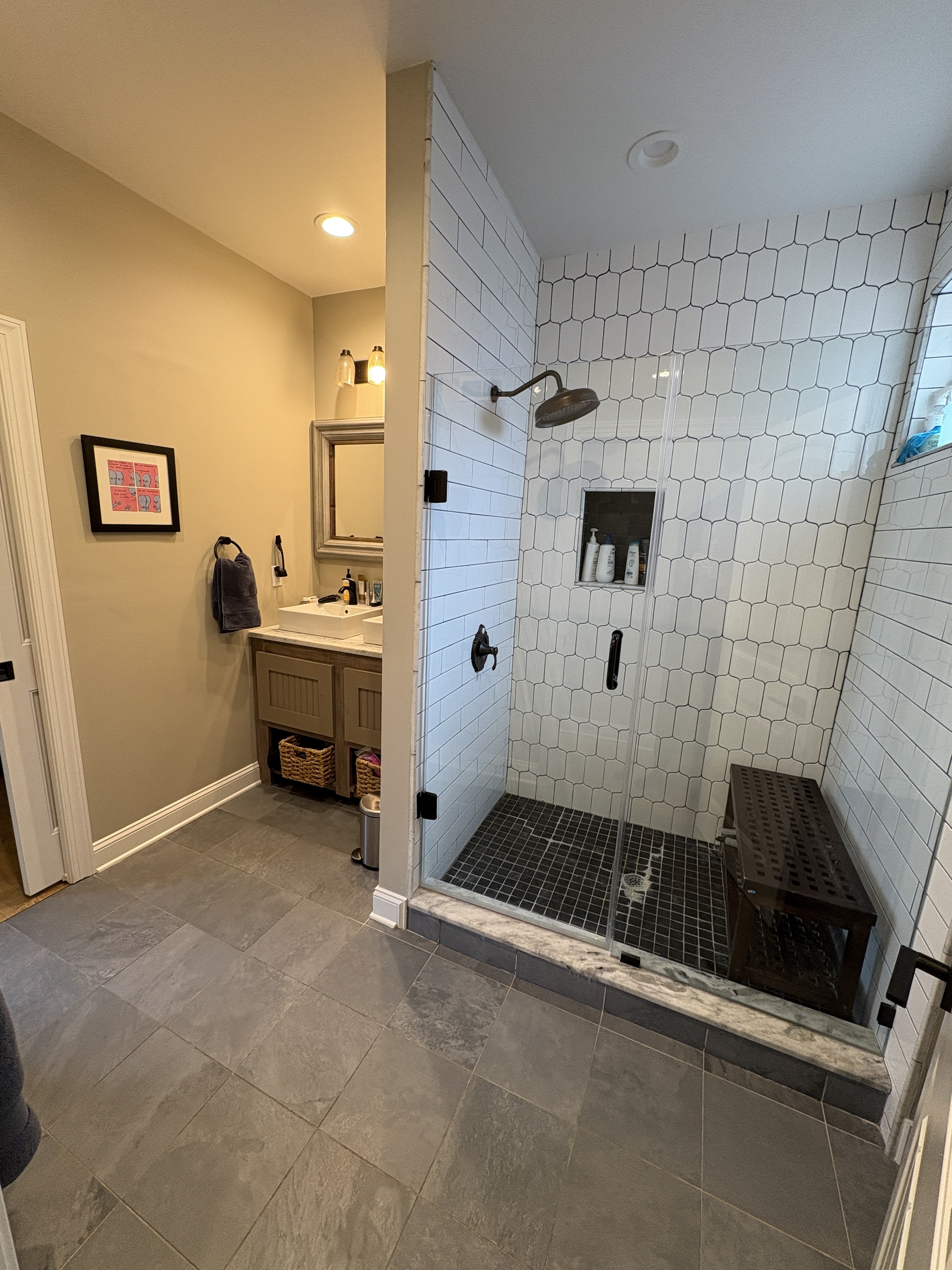 Primary bathroom with large tiled shower